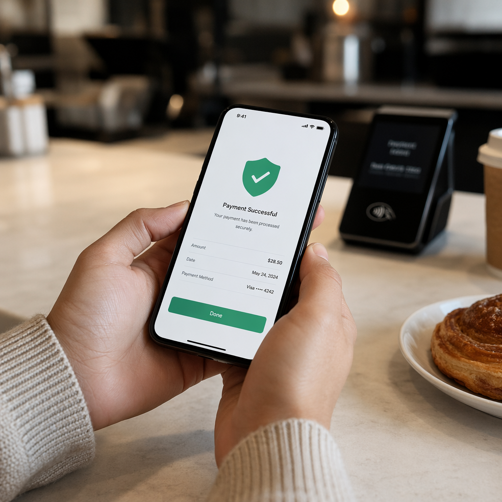 لوگوی stc pay روی گوشی در حال پرداخت دیجیتال